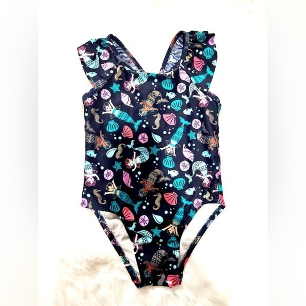CAT & JACK BATHING SUIT | NAVY BLUE BACKGROUND WITH MERMAIDS & SHELLS
